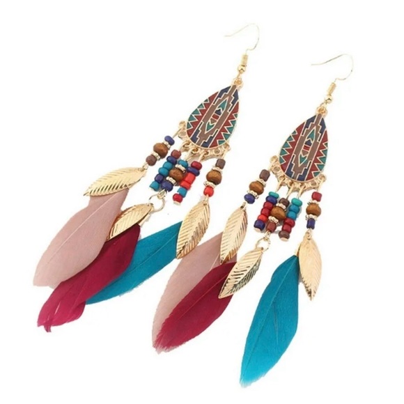 Jewelry - Boho Feather Dangle Earrings Southwestern Aztec Beaded Statement Jewelry NEW
